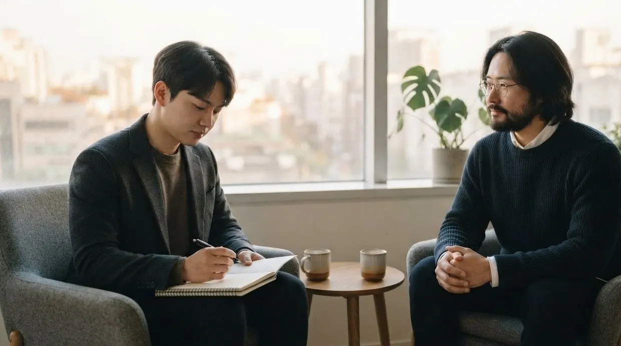 창가 의자에 마주 앉아 이야기를 나누는 두 사람