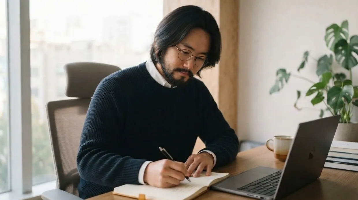 노트북 옆에서 노트에 적는 모습