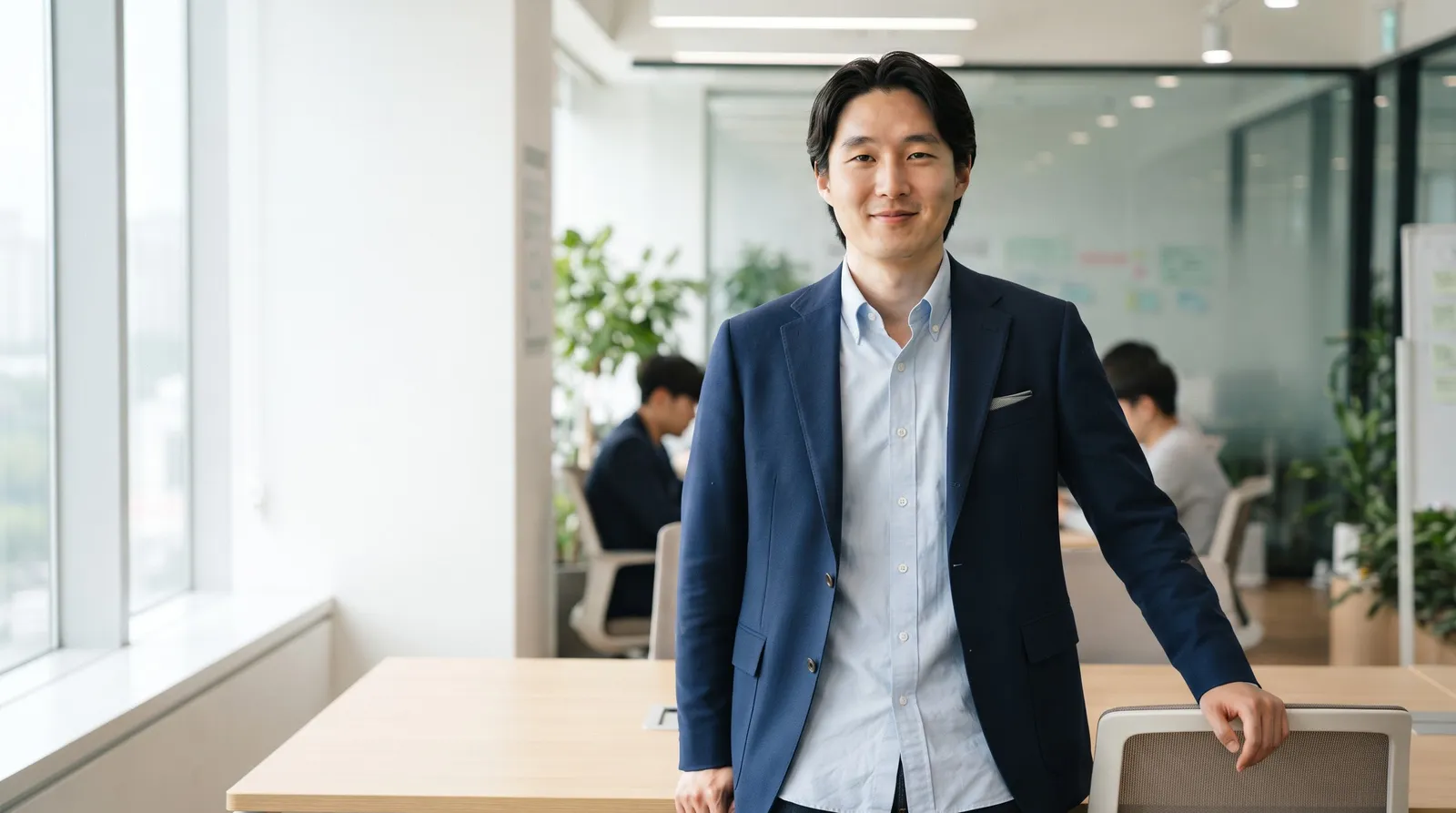 창가에서 커피잔을 들고 서 있는 컨설턴트
