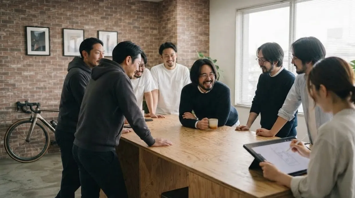 긴 테이블에 둘러서서 웃으며 이야기하는 작은 팀