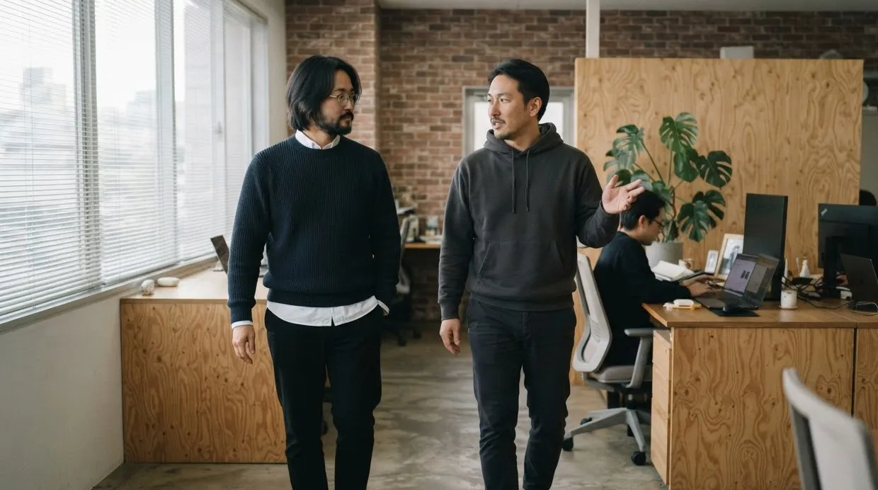 사무실을 나란히 걸으며 이야기하는 컨설턴트와 창업자